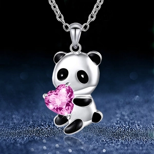 Cute panda necklace with pink heart-shaped crystal and S925 silver pendant for women