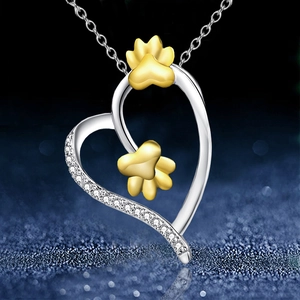 Collar de Colgante de Corazón de Aleación de Moda Con Huellas de Pata de Oro Collar de Cadena de Strass Bicolor para Joyería de Mujer Regalo
