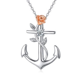 Collier avec pendentif ancre et croix en or rose avec cristal étincelant pour femme