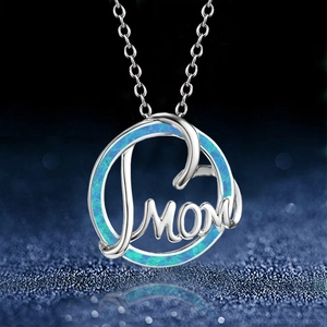 Blue fire opal MOM circle pendant necklace in silver for Mother's Day gift