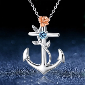 Collier Pendentif Croix Rose Ancre en Alliage de Zircone à la Mode pour Femmes Bijoux Élégants Plaqués Or Argent Cadeau pour la Saint-Valentin