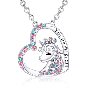 Silver unicorn heart necklace with colorful crystals and 'You are magical' engraving