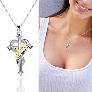 Silver and gold cross heart Mom necklace with I love you engraving and small diamonds