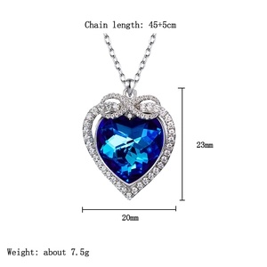 Detail of blue crystal heart pendant with size dimensions 23x20mm and 45+5cm chain