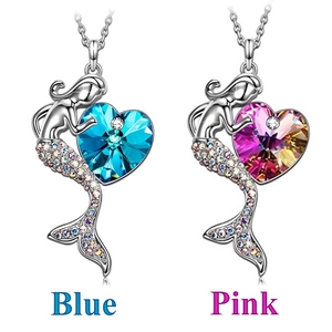 Mermaid heart pendant necklaces with blue and pink crystals on silver chain