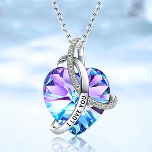 Fashion heart necklace with gradient purple crystal and I Love You engraved silver band