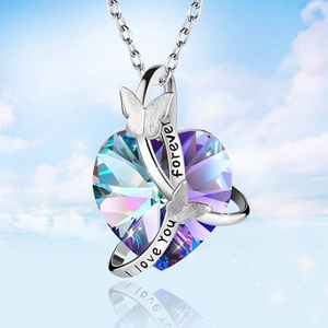 Butterfly heart crystal necklace engraved with Forever I Love You on silver chain
