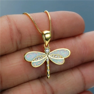 Fashion Dragonfly Pendant Necklace Women Alloy Simulated Opal Cubic Zirconia Animal Gold Plated Jewelry Daily Gift