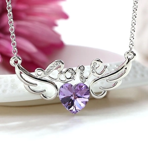 Elegant purple heart necklace with angel wings and crystal Love pendant for women