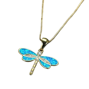 Elegant gold dragonfly pendant necklace with blue opal inlay and diamond accents