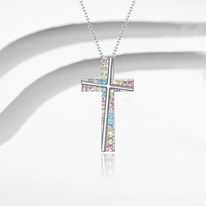 Silver cross necklace for women featuring multi-colored rainbow crystals on a fine chain