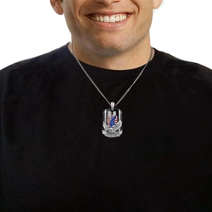 Men's retro 9/11 memorial dog tag necklace featuring eagle and USA flag on black T-shirt