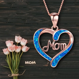 Rose gold Mom heart necklace featuring blue synthetic opal with tulip decorations