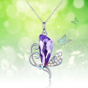 Exquisite amethyst crystal butterfly pendant necklace with silver tone metal and rhinestones