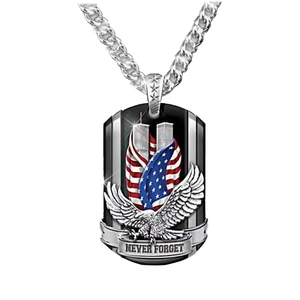 Vintage punk eagle dog tag necklace with American flag and Never Forget engraving