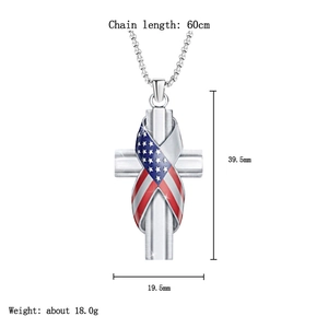 Polished silver cross necklace with American flag ribbon and size dimensions