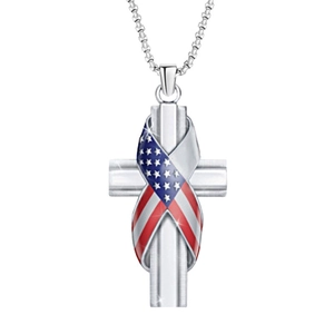 Cross pendant necklace with American flag ribbon design on silver bead chain for men