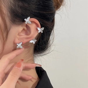 Sparkling butterfly ear cuff and stud set with rhinestones and white enamel finish