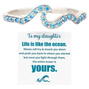 Luxury Alloy Blue Zirconia Water Wave Ring For Women Minimalist Silver Plated Ocean Inspired Finger Ring Jewelry Gift