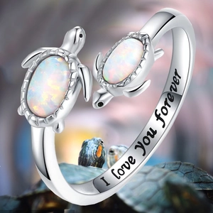 Adjustable turtle opal ring with I Love You Forever engraving in silver tone
