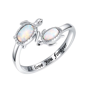 Silver turtle open ring with white opal and I love you forever engraving for women