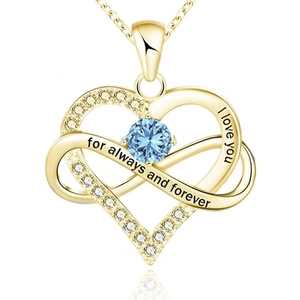 Dettaglio collana cuore infinito oro rosa con pietra blu e incisione I love you