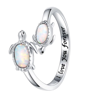 Silver turtle opal open ring with I love you forever engraving for women