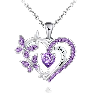 Collier cœur et papillon argenté avec cristaux violets et gravure I love you