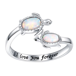 Silver turtle open ring with white opal and I Love You Forever engraving for women