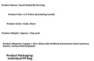 Detailed specifications table for butterfly tassel ear cuff made of copper and zinc alloy