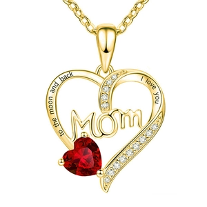 Close-up of gold heart Mom necklace with red gemstone and engraved love message