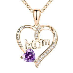 Close-up of rose gold Mom heart necklace with purple stone and moon back engraving