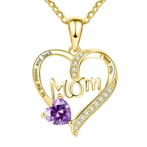 Golden MOM heart pendant necklace with purple gemstone and moon back engraving
