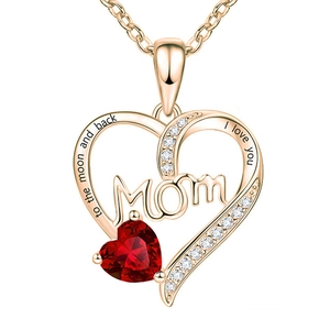 Rose gold MOM heart necklace with red ruby and I love you to the moon engraving