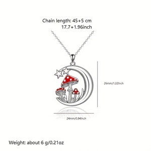 Unique silver moon necklace with red mushroom pendant and stars, 45+5cm chain length