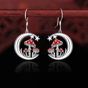 Vintage Legierung Emaille Roter Pilz Mond Stern Schmuck Silberne Ohrringe Halskette Für Damen Märchen Waldstil Schmuck