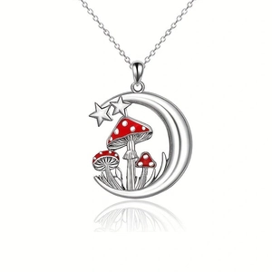 Fashionable S925 silver crescent moon necklace with red enamel mushrooms and stars