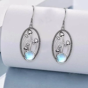 Vintage Mushroom Moon Pendant Necklace Earrings Jewelry Set Silver Plated Alloy Forest Style With Moonstone Look Accents