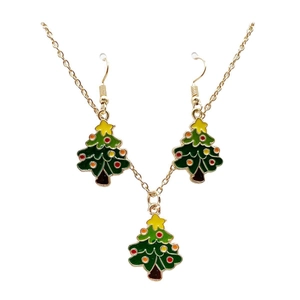 Christmas jewelry set with green tree enamel necklace and matching hook earrings for women