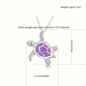 Detailed size specifications for sea turtle pendant necklace with purple opal shell