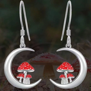 Silver crescent moon and mushroom drop earrings with red enamel detailing for women