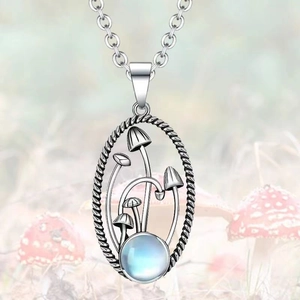 Vintage silver mushroom pendant necklace with moonstone on a textured cable chain