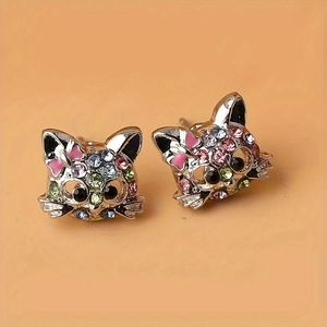 Colorful rhinestone cat stud earrings with pink bows and silver metal base for women
