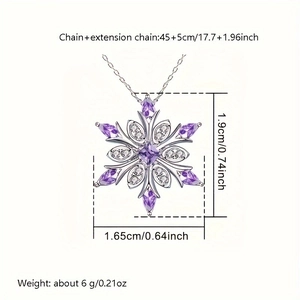 Detailed view of silver snowflake pendant necklace with purple gems and measurements