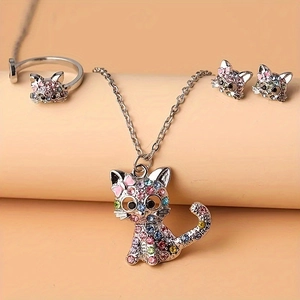 Cute Cartoon Cat Jewelry Set Colorful Rhinestone Alloy Necklace Earrings Ring With Stainless Steel Chain For Women Girls Gift