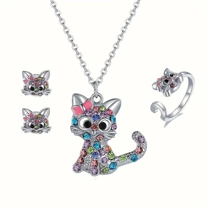 Cute colorful rhinestone cat jewelry set with necklace earrings and open ring
