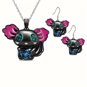 Cartoon axolotl jewelry set with black coating and blue heart necklace and earrings