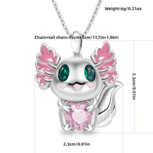 Technical dimensions of axolotl pendant necklace with pink heart and green gem eyes