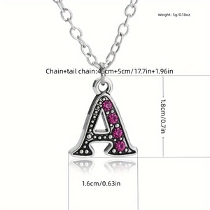 Detailed size chart for letter A pendant necklace with pink rhinestones and dimensions