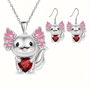 Cartoon axolotl jewelry set with necklace and earrings holding a red heart gemstone